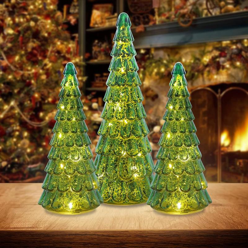 Christmas Decorations for The Home, 3 pcs Sparkling Glass Christmas Tree with LED Lights and Timer, Tabletop Christmas Tree Decor, Xmas Tree Decorations for Fireplace, Home Decor Indoor Ornaments