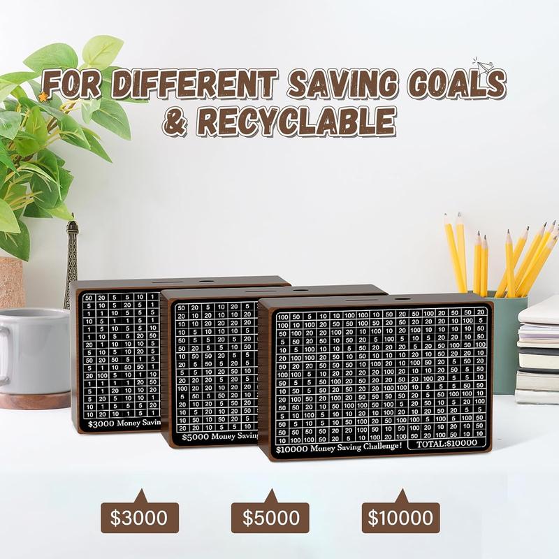 Wooden Money Saving Box, Cash Savings Box for $10000 $5000 $3000 Target Money Saving Challenge, Reusable Money Box with Counter, Cash Vault Bank with Dry Erase Pen Savings Trackers Rubber Band-Brown