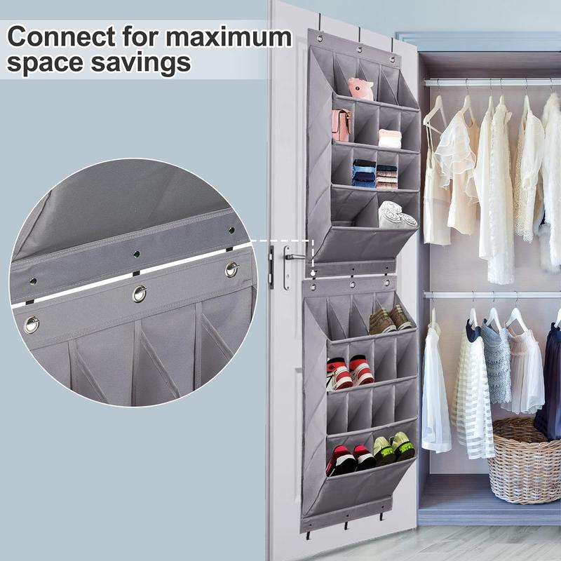 2 Pack Over the Door Shoe Organizer, Hanging Pantry Organizer, Storage Rack For Closet,12 Large Pockets and 2 Larger Storage Various Compartments with 6 Hooks, Home Accessories, Grey door shoe