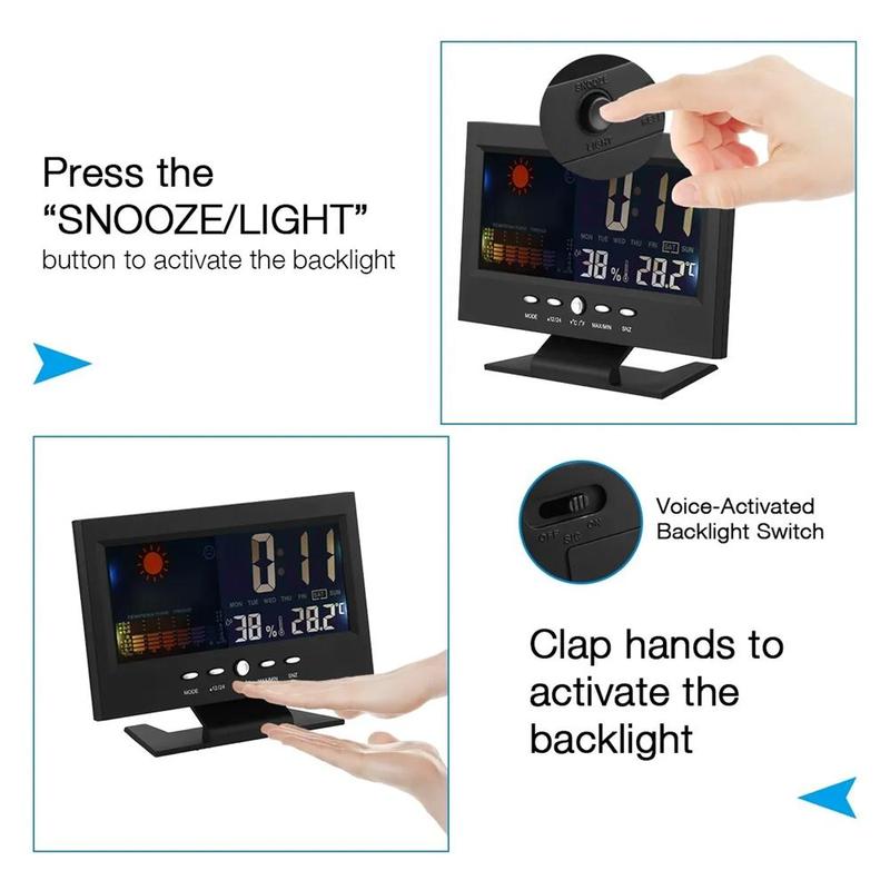 Auto Set Digital Alarm Clock | Color Display LCD Screen with Snooze Calendar Thermometer Hygrometer Weather Display | Large Digits LED, Easy to Read - Perfect for Nightstand or Desk