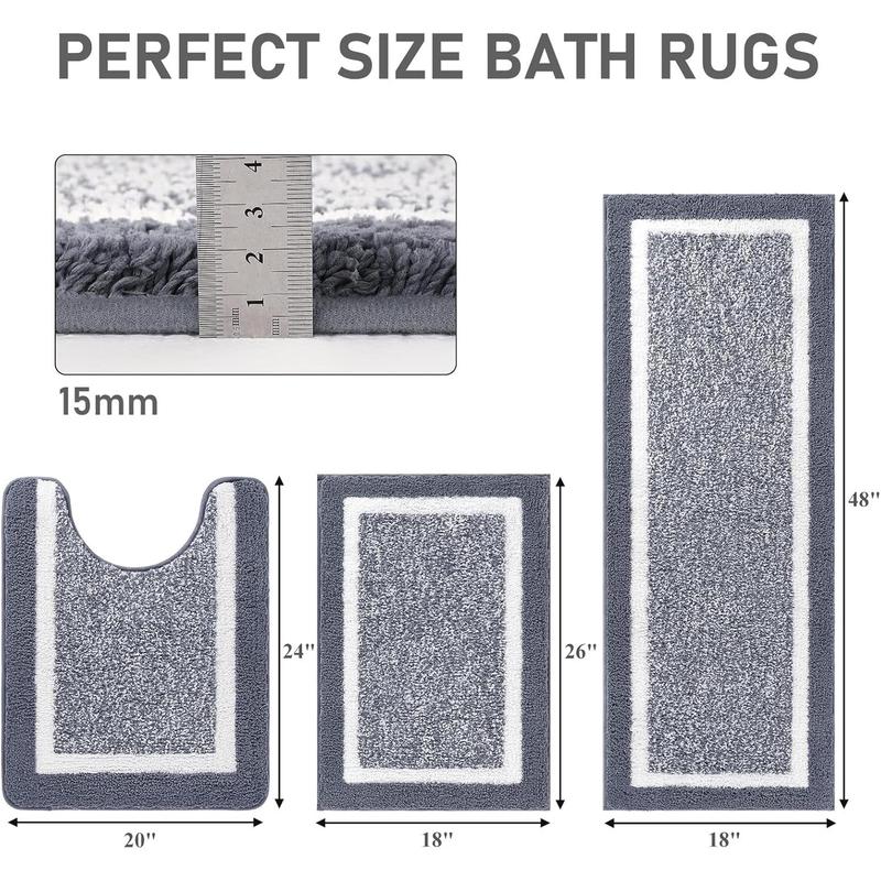 Bathroom rug Mat Set of 3, microfiber shaggy bath set, non-slip ultra soft carpet mats, absorbent with U-shaped toilet for bathroom, tub, shower, Dark Grey