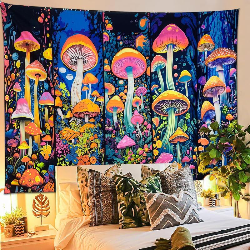 Blacklight Mushroom Tapestry Flower  Tapestry Wall Hanging, UV Reactive Tapestries Glow in The Dark Tapestry Hippie Tapestry for Bedroom Wall Hanging Trippy Room Decor (51