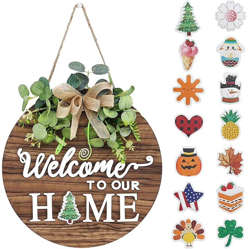 Wooden Welcome Sign, 1 Count Round Welcome Sign for Front Door, Farmhouse Door Hanging Decor for Living Room Bedroom Garden Balcony