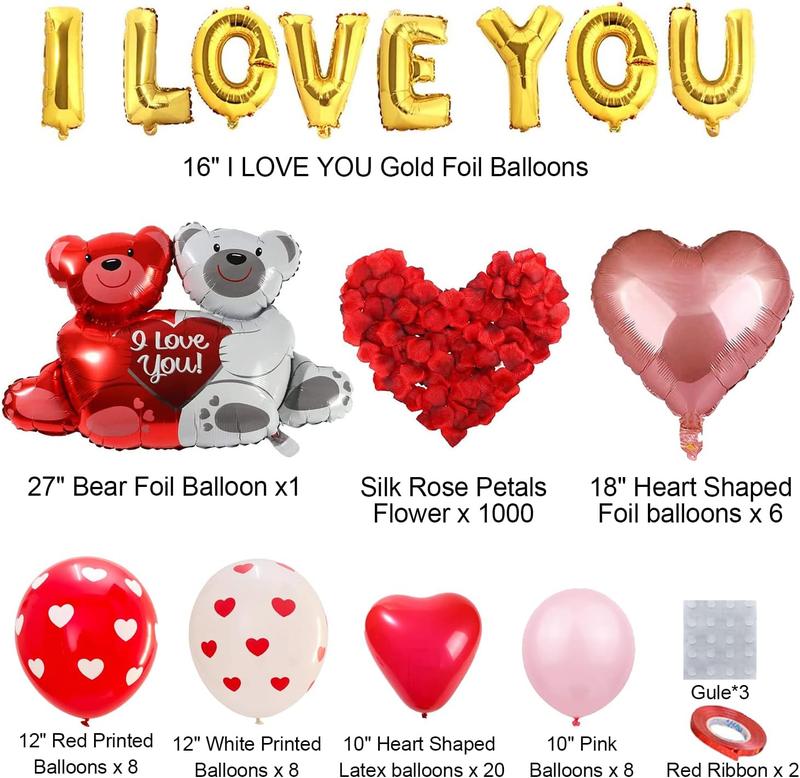 Valentines Balloons Kit with I Love You Balloons Heart Balloon Bear Balloon Pink Balloons 1000 count Rose Petals for Valentines Decorations Anniversary Proposal Romantic Decorations Special Night