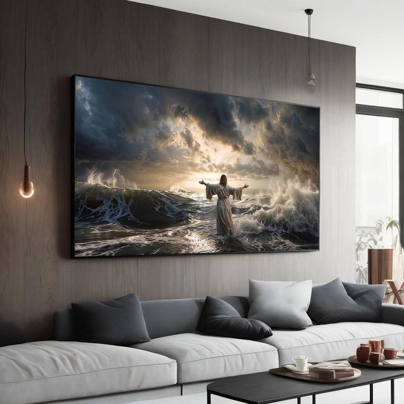 Jesus Walking on Water Canvas Painting, Inspirational Wall Decor, Extra Large Decor, Ready to Hang Christian Art, Ideal Religious Gift UX1UZ