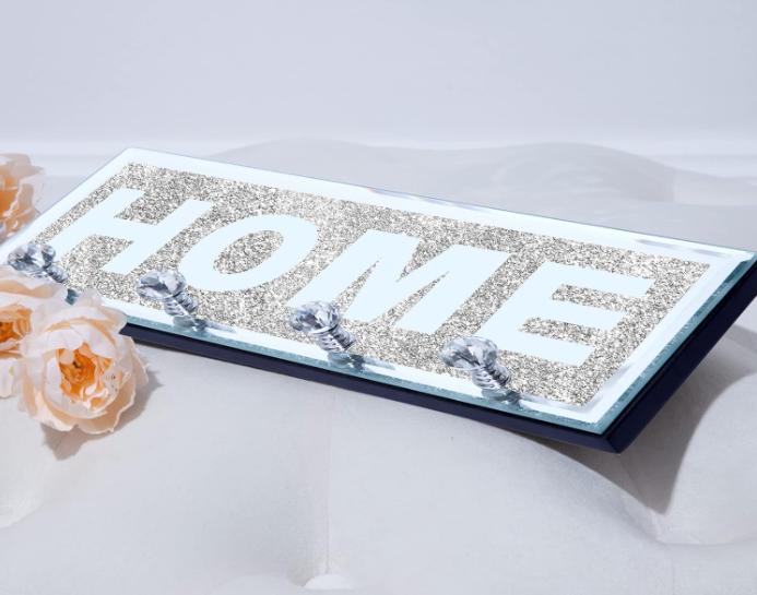 Crystal Clear Hooks Key Holder Key Hanger, Sparkly Mirrored Home Letters Plaque Sign for Wall Decor Decorative Dog