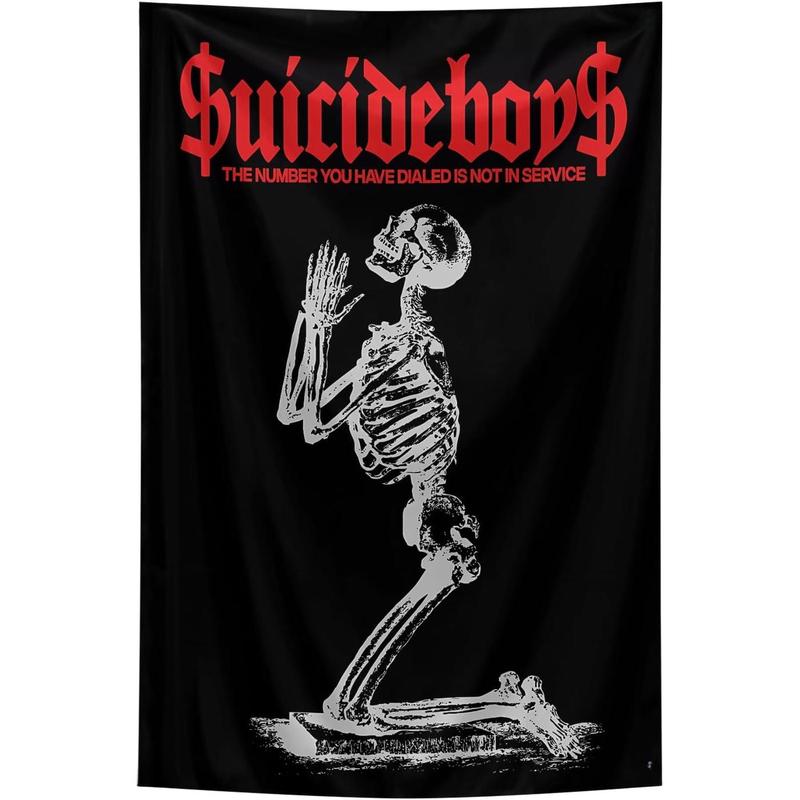 Suicide Funny Boys Band Tapestry with Skull Design Black and Red Backdrop  Hanging Wall Tapestry Poster Signs Decor for Bedroom College Livng Room Dorm Parties Decor