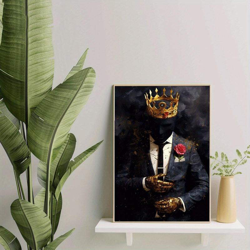 King with Crown and Rose Art Deco Canvas Print, Modern Entrepreneur Wall Decor, Ink Artwork Poster for Living Room, Bedroom, Home Office, Frameless Portrait Wall Hanging Decor – Ideal for Spring and Summer Ornaments Decoration Artistic Photo