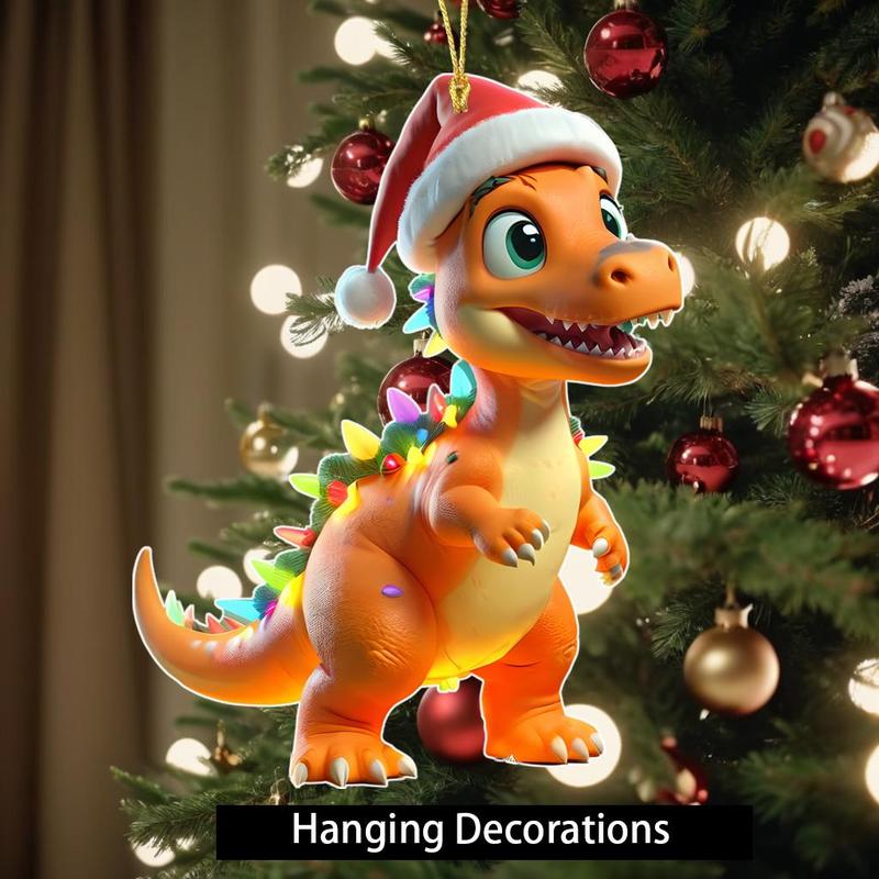 Christmas Dinosaur Design Hanging Ornament, 2 Counts set Glitter Dinosaur Design Hanging Decor, Creative Hanging Decor for Home Party Festival