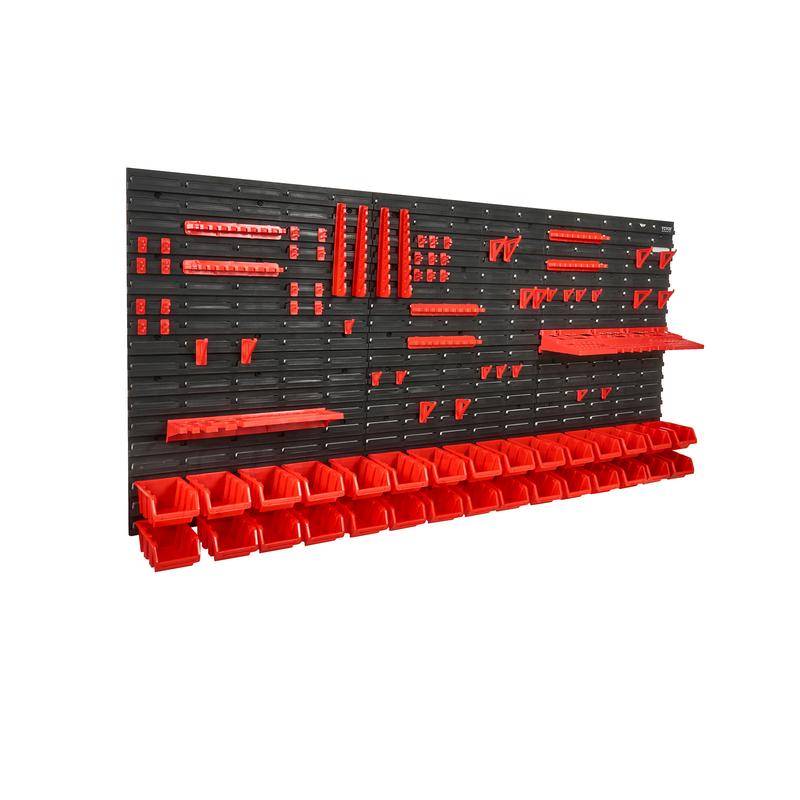 VEVOR Wall Mounted Storage Bins, 30-Bin Parts Rack Organizer Garage Plastic Shop Tool with Wall Panels Tool Holders Hooks, Tool Organizer for Nuts, Bolts, Screws, Nails, Beads, Buttons, Black and Red