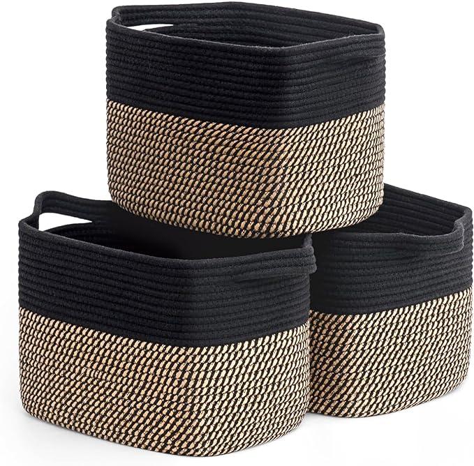 Goodpick Black Woven Rope Basket Set of 3, Shelf Storage Baskets for Books, Towels, clothes, Rectangle Decorative Basket for Living Room, Bedroom