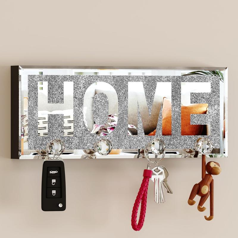 Crystal Clear Hooks Key Holder Key Hanger, Sparkly Mirrored Home Letters Plaque Sign for Wall Decor Decorative Dog