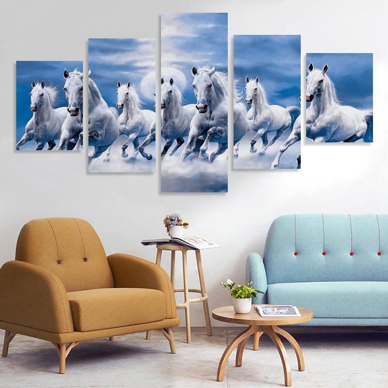 5 Pieces Wall Art Horse Pictures Wall Decor 5-piece  Seven Lucky Running Wild Horses Horse Wall  Canvas  Bedroom Decor Sports Landscape Office Room Decor Gift