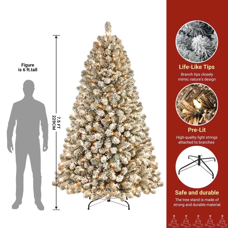 7.5ft Prelit Snow Flocked Artificial Holiday Christmas Tree w  Remote (), 470 Pre-Lit Multi-Color RGB Lights, Full Snow Branch Tips for Xmas Holiday Decoration