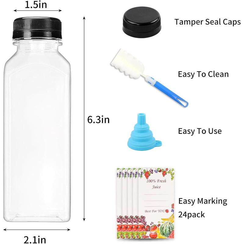 16oz Juice Bottles, Plastic Juicing Bottles with Caps, Clear Bulk Drink Containers with Black Tamper Evident Lids for Juicing, Smoothie, Drinking and Other Beverages