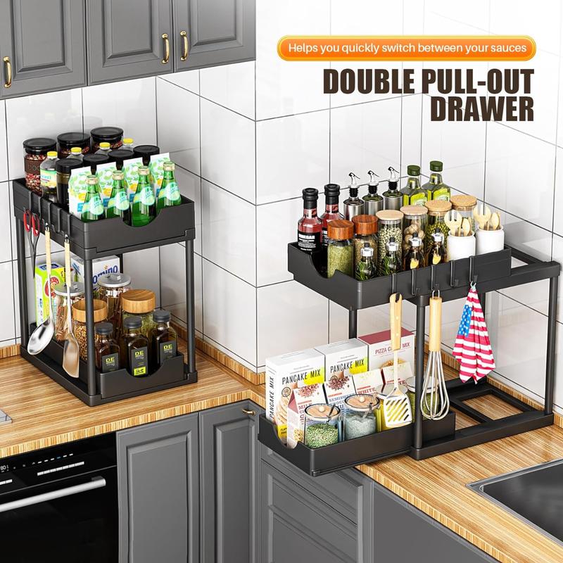 2 Pack Double Sliding Under the Sink Cabinet Drawer Organizer and Storage for Kitchen, Bathroom, Office