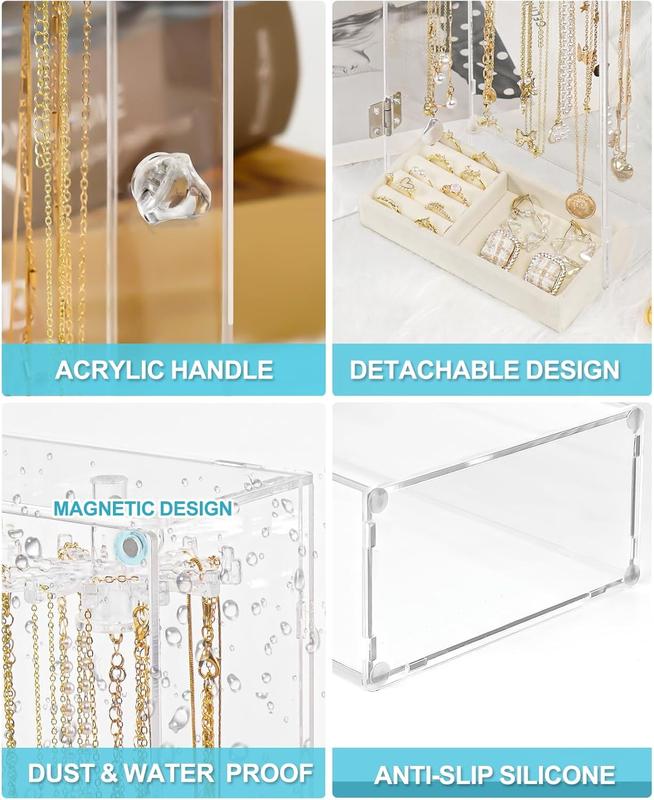 Necklace Holder,  Necklace Organizer, Rotatable Clear  Holder Organizer Display Case for Long Necklaces Pendant Bracelets,  Holder Box with  Tray for Rings Earrings