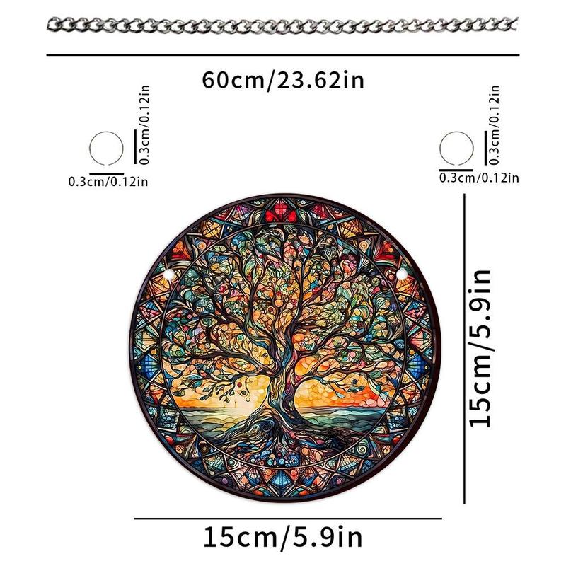 Tree Pattern Hanging Decor, 1 Count Round Stained Glass Hanging Ornament, Wall Art Decor for Home Living Room Bedroom Study Room