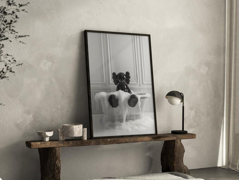 Black Kaws Figure In Tub, Kaws Poster Print, Hypebeast Figure Poster, KAWS Poster, Bathroom Art Print, Kaws Picture, Gifts Poster No Frame