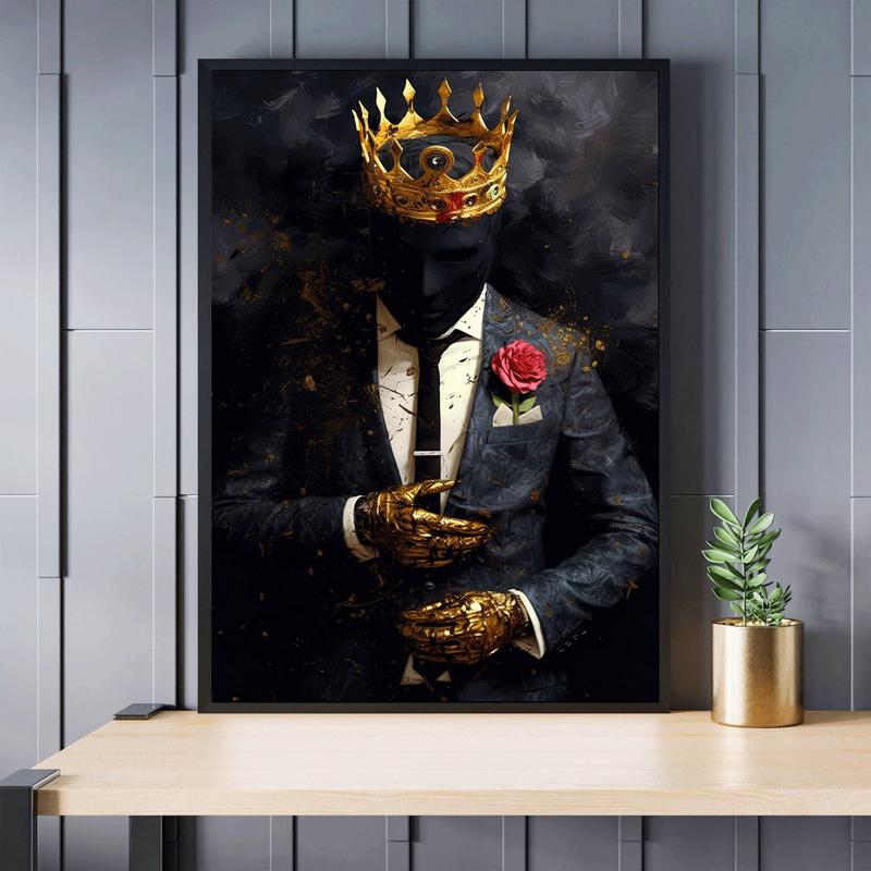 King with Crown and Rose Art Deco Canvas Print, Modern Entrepreneur Wall Decor, Ink Artwork Poster for Living Room, Bedroom, Home Office, Frameless Portrait Wall Hanging Decor – Ideal for Spring and Summer Ornaments Decoration Artistic Photo