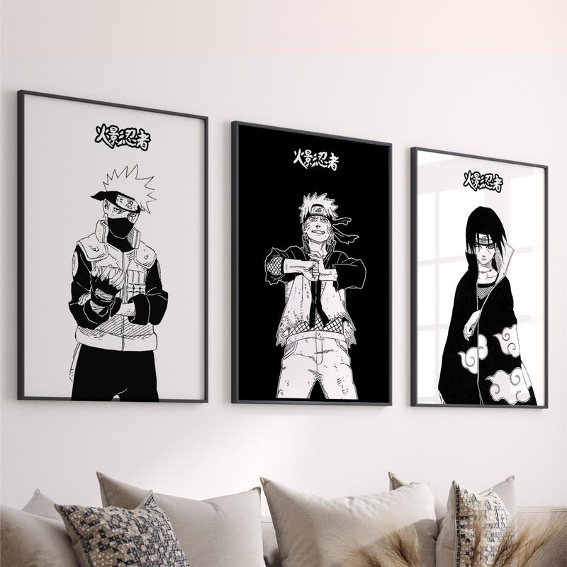 Naruto Posters 3 Piece Set Manga Art Anime Wall Print Minimalist Painting set of 3 Gallery colorful Art Naruto, Itachi, Kakashi Hatake, No Frame