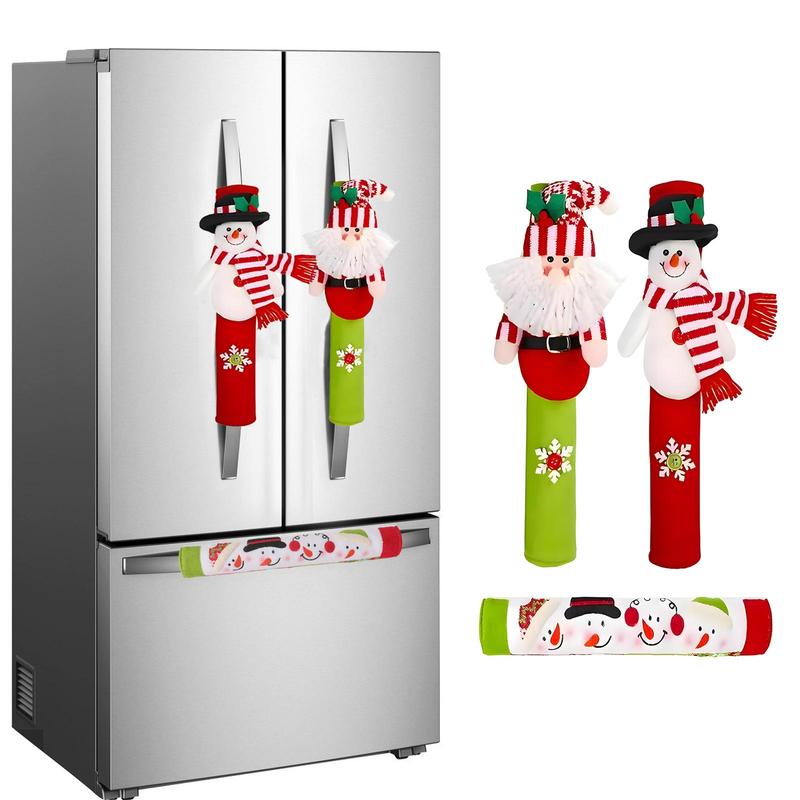 Christmas Themed Refrigerator Handle Cover, 3 Counts set Snowman & Santa Claus Design Refrigerator Door Handle Cover, Kitchen Appliance Decoration Set for Festival Party Holiday