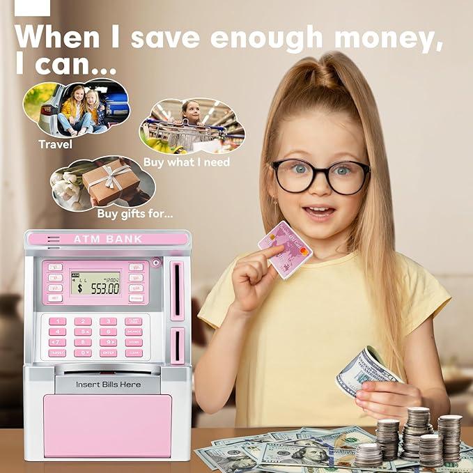 Pink Piggy Bank for Kids, ATM Machine Bank for Real Money with Debit Card, Bill Feeder, Coin Recognition, Balance Calculator, Electronic Savings Safe Box, Gifts for Teen Boy Girl