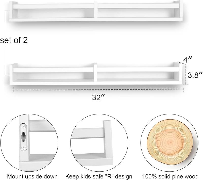 Nursery Book Shelves 32 Inches White Set of 2,Floating Wall Bookshelves for Kids,Nursery Shelves for Bookshelf Wall,Kids Bookshelf(Set of 2 White) Decor Kitchen