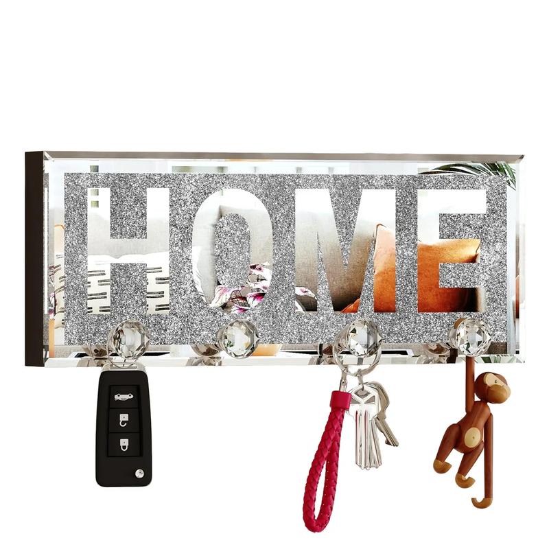 Crystal Clear Hooks Key Holder Key Hanger, Sparkly Mirrored Home Letters Plaque Sign for Wall Decor Decorative Dog