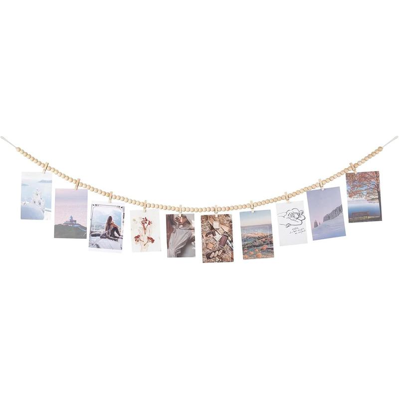 Hanging Photo Display with Clips, Boho Wooden Bead Garland Banner, Collage Card Picture  Art Holder String with 10 Clips for Bedroom Living Room Dorm Decor, Teen Girl Gifts, Brown, 1 Pack