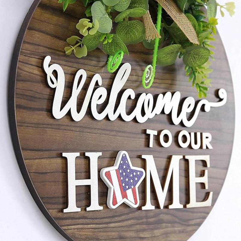 Wooden Welcome Sign, 1 Count Round Welcome Sign for Front Door, Farmhouse Door Hanging Decor for Living Room Bedroom Garden Balcony