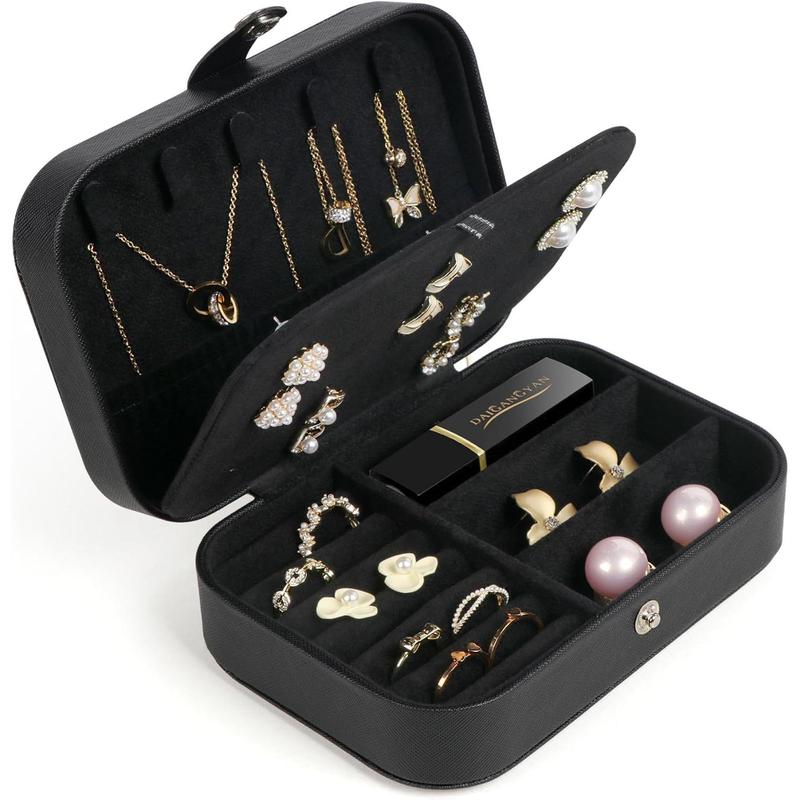 Travel Jewelry Box,Small Jewelry Organizer Boxes for Women Girls,2 Layer Travel Jewlery Case,PU Leather Mini Portable Jewerly Storage Display Holder for Earrings,Ring,Necklaces,Bracelets - Black