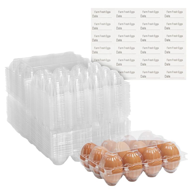 48x Egg Cartons for 1 Dozen Chicken Eggs, Clear Reusable Containers with Labels