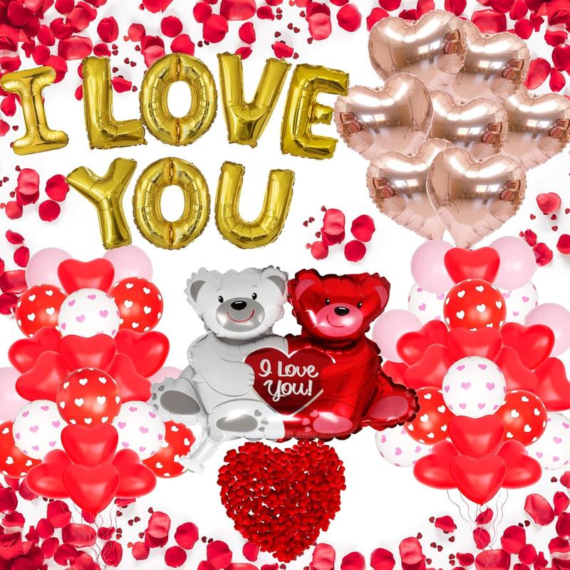 Valentines Balloons Kit with I Love You Balloons Heart Balloon Bear Balloon Pink Balloons 1000 count Rose Petals for Valentines Decorations Anniversary Proposal Romantic Decorations Special Night